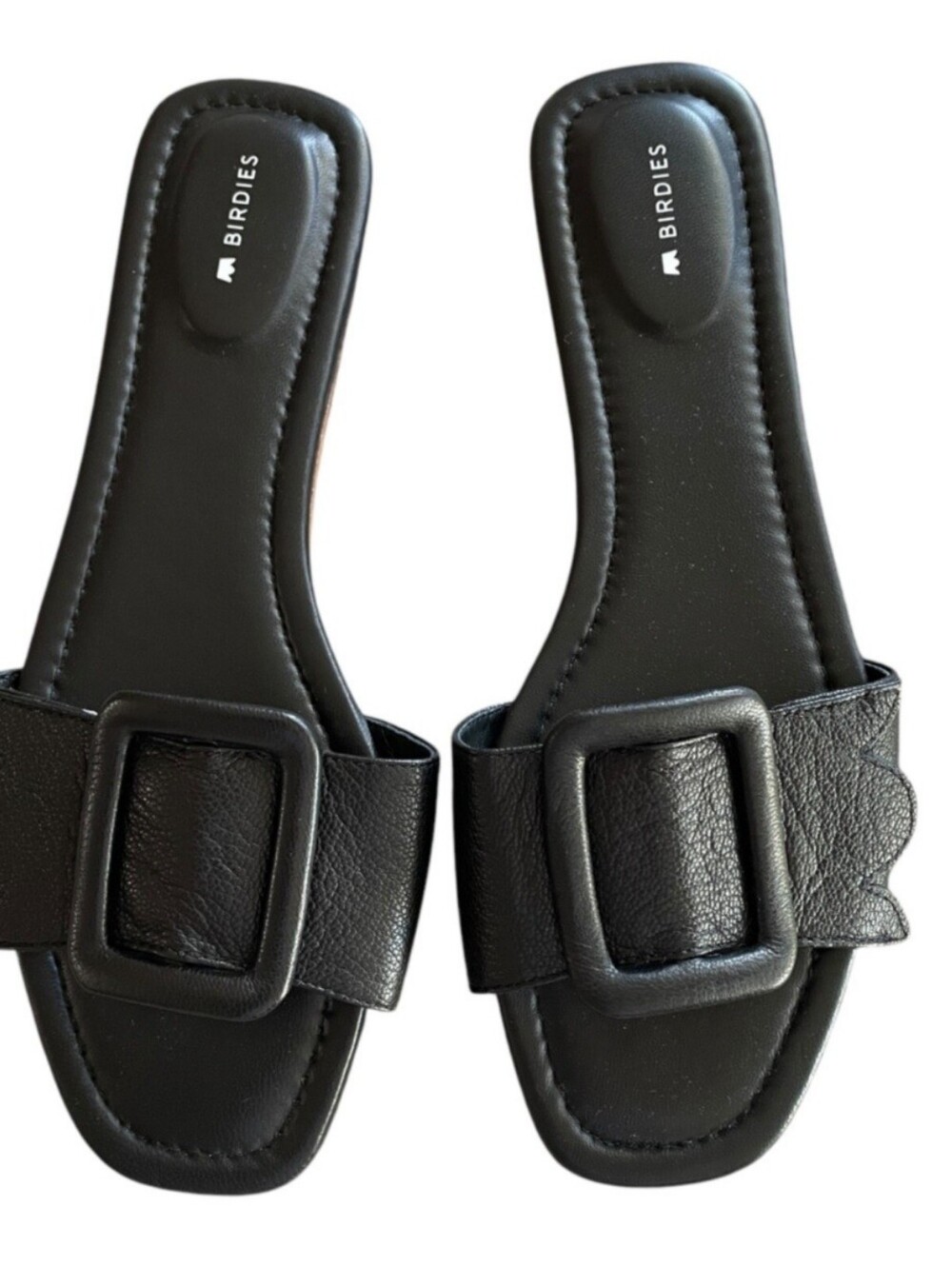 Birdies Black Leather Kiwi Slide Sandals. Size 9